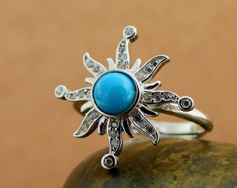 Anillo de sol de plata anillo de sol, anillo de sol Boho 925 anillo turquesa azul de plata de ley, regalo de joyería de plata de banda abierta para las mujeres lindo delicado