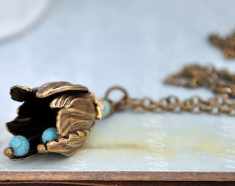 RING The BELL FLOWER, handmade antique brass flower bud necklace with turquoise color beads