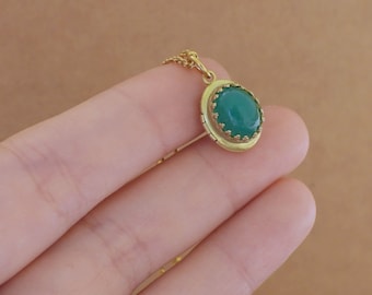 Tiny jade locket necklace vintage petite brass locket vintage green jade color glass jeweled small photo locket minimalist gift for women