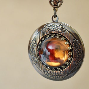 handmade vintage orange topaz color glass jeweled antique brass locket necklace, round pendant Victorian style, photo locket  gift for her