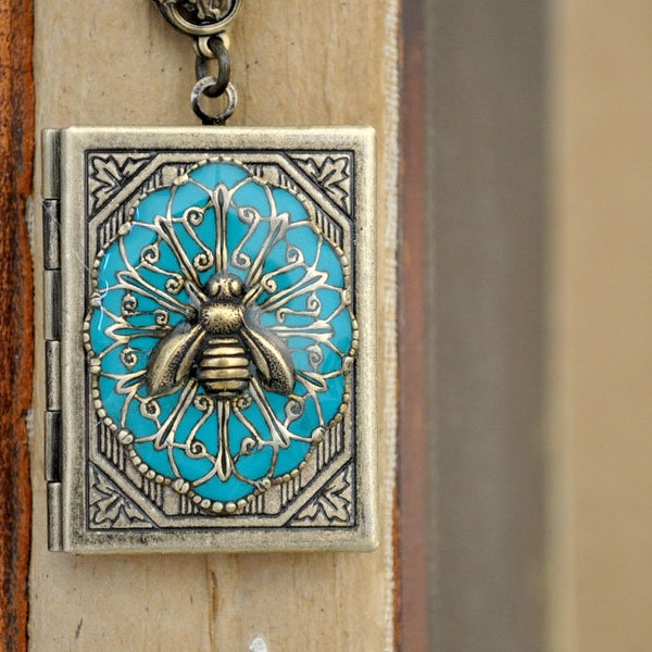 BEE Locket, handmade antiqued brass book locket necklace with honey bee charm, cold enamel, Victorian style photo locket necklace for her