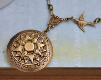 Brass compass locket Victorian style compass photo locket antiqued brass gift jewelry for women