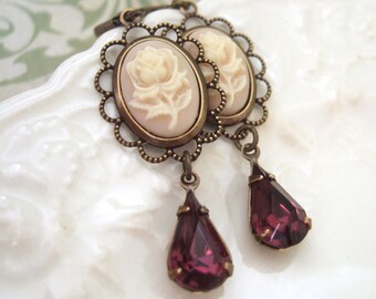 handmade Victorian style antique brass long dangler earrings, dark purple violet vintage teardrop jeweled, rose flower, gift under 20