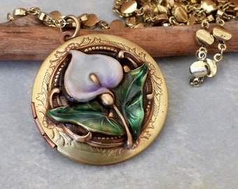 handmade calla lily flower locket necklace for her white flower painted flower locket unique gift photo pendant for her anniversary handmade