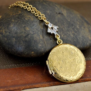 handmade vintage style gold plated floral locket necklace with glass jeweled connector, Victorian style, photo locket  gift for her