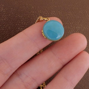 Tiny turquoise blue cold enamel locket necklace vintage mini brass locket small photo locket minimalist gift for women gold satellite chain