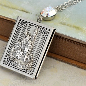 handmade antique silver castle book style locket necklace, ONCE UPON A TIME, Disney castle locket necklace, the magic kingdom, fairytale,