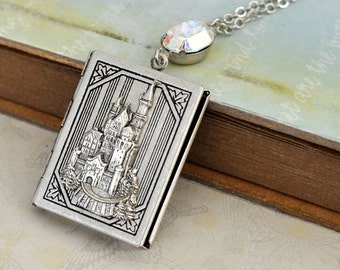 handmade antique silver castle book style locket necklace, ONCE UPON A TIME, Disney castle locket necklace, the magic kingdom, fairytale,