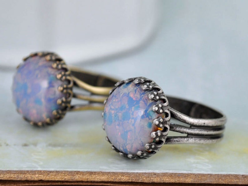 PINK OPAL vintage glass jewel ring in antique brass image 4