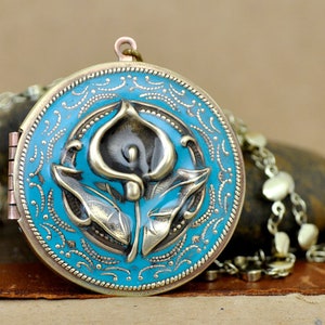 Calla lily statement large photo locket necklace vintage long necklace cold enamel gift photo locket flower lily handmade jewelry gift