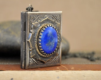 handmade book style antiqued brass floral locket, blue lapis stone locket, friendship stone locket, harry potter magic book spell