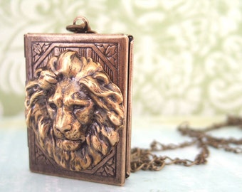 brass book locket, lion locket THE BRAVE ONE vintage style book lion locket necklace in antiqued brass, jungle, safari necklace, animal,