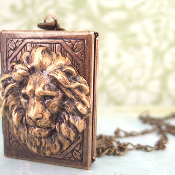 brass book locket, lion locket THE BRAVE ONE vintage style book lion locket necklace in antiqued brass, jungle, safari necklace, animal,