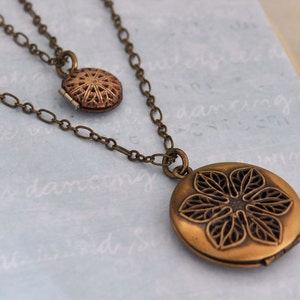 vintage filigree scent locket duo - antiqued brass locket necklace set of 2