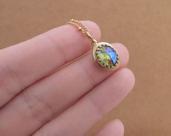 Tiny opal locket necklace vintage petite brass locket green opal vintage glass jeweled small photo locket satellite chain gift for women