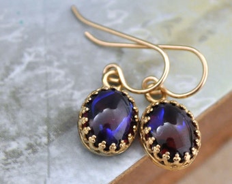 handmade gold filled drop earrings / dragon breath fire opal / 1950s Alexandrite glass jeweled / deep wine violet ruby red purple