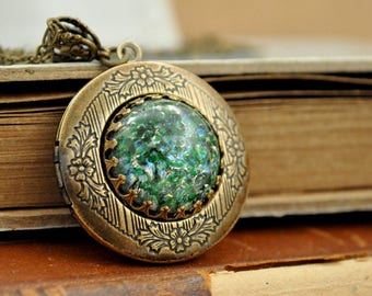 Green opal locket necklace handmade antiqued brass locket necklace vintage glass opal color jeweled Victorian style necklace gift for women