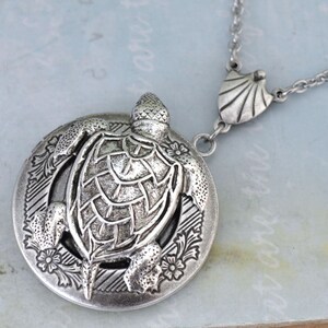 silver turtle locket UNDER THE SEA, silver turtle floral locket necklace antiqued silver jewelry necklace gift for women