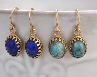 blue lapis earrings, gold earrings, blue turquoise earrings, vintage jeweled earrings, friendship earrings, small drops, 14k gold filled