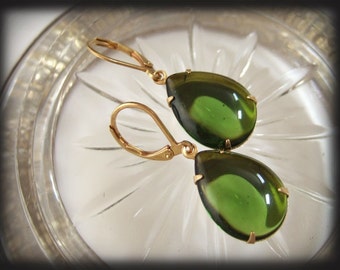 vintage jeweled earrings, TIiny Drops Of Lake Spring, golden color brass errings with vintage olive green glass jewels