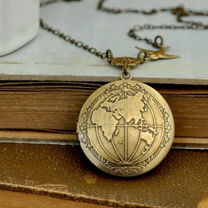 Vintage globe earth locket necklace, the world peace locket, map locket, ONE WORLD antiqued brass map locket necklace traveler necklace image 2