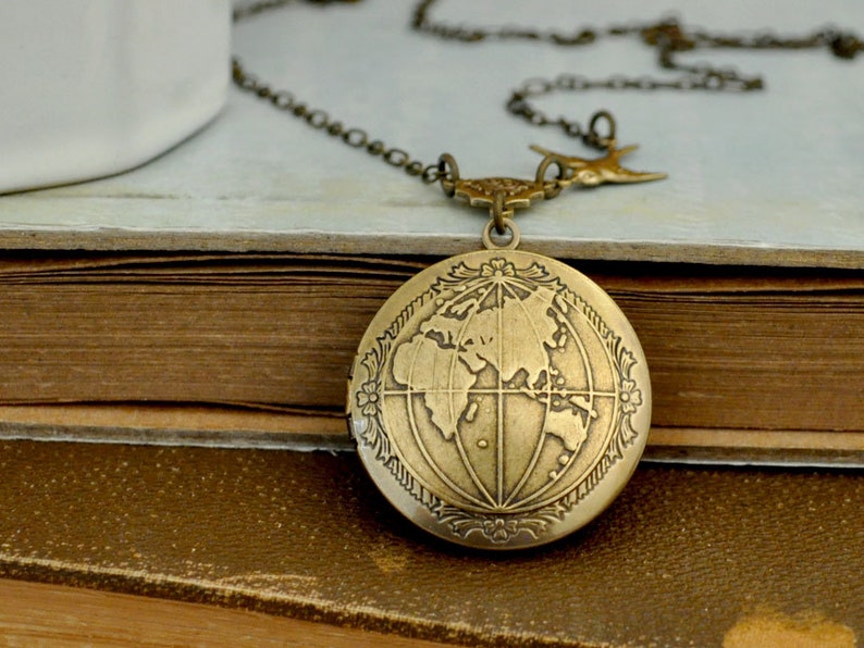 Vintage globe earth locket necklace, the world peace locket, map locket, ONE WORLD antiqued brass map locket necklace traveler necklace image 2