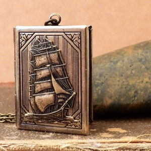 handgemachte Segelboot Reise Journal Buch Foto Medaillon Halskette, Boot Schiff Set Segel die Welt reisen 7 Meere Piraten schwarze Perle