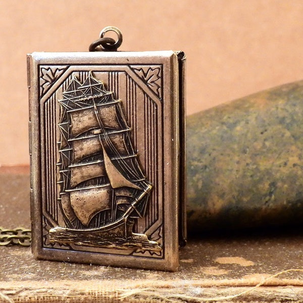 handmade sailboat journey journal book photo locket necklace, boat ship set sails travel the world 7 seas pirates black pearl