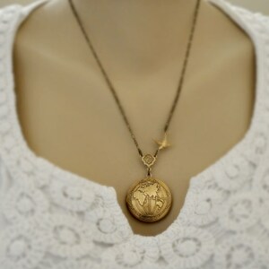 Vintage globe earth locket necklace, the world peace locket, map locket, ONE WORLD antiqued brass map locket necklace traveler necklace image 4