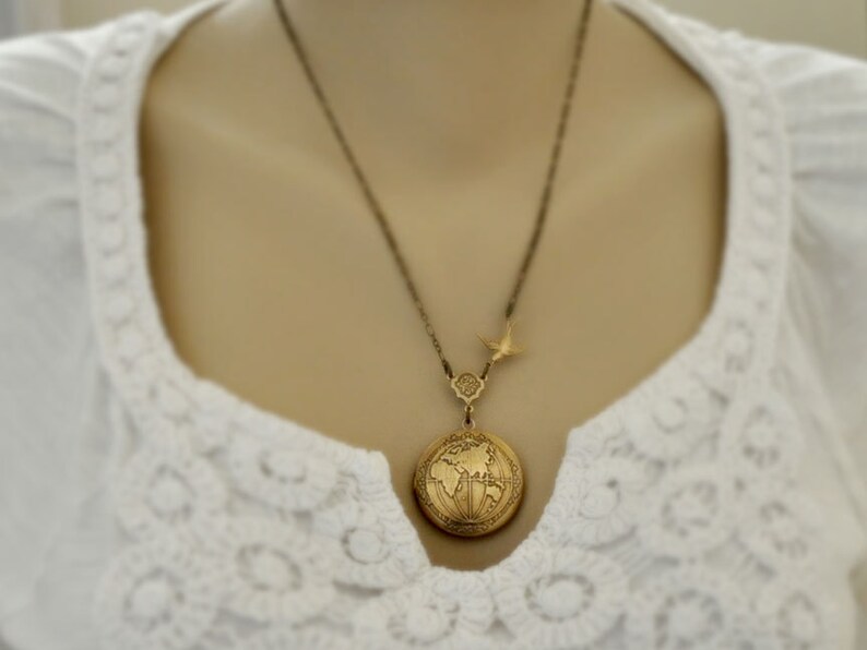 Vintage globe earth locket necklace, the world peace locket, map locket, ONE WORLD antiqued brass map locket necklace traveler necklace image 4