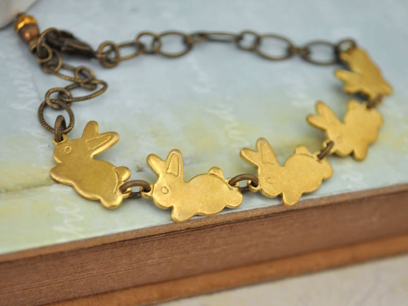 BUNNY BRACELET Antiqued Brass Baby Rabbits Bracelet Etsy