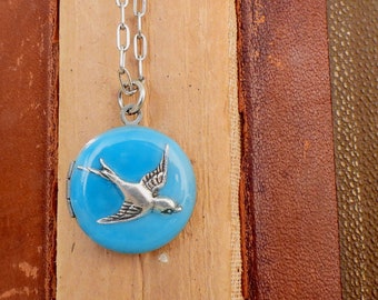 antique silver sparrow bird locket necklace / tiny petite Victorian style blue enamel photo locket / cold enamel / something blue