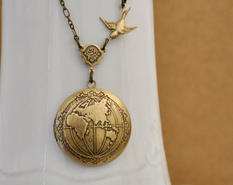 brass map locket necklace, the world locket, peace locket, map locket, ONE WORLD,  antiqued locket necklace gift for women
