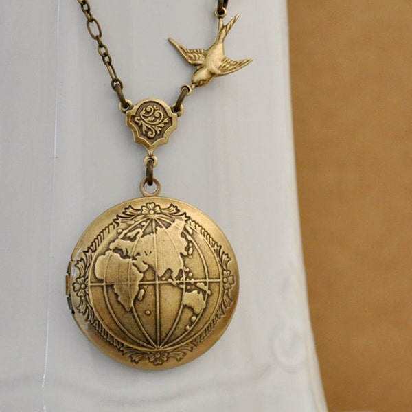 brass map locket necklace, the world locket, peace locket, map locket, ONE WORLD,  antiqued locket necklace gift for women