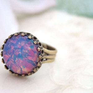 PINK OPAL vintage glass jewel ring in antique brass image 1
