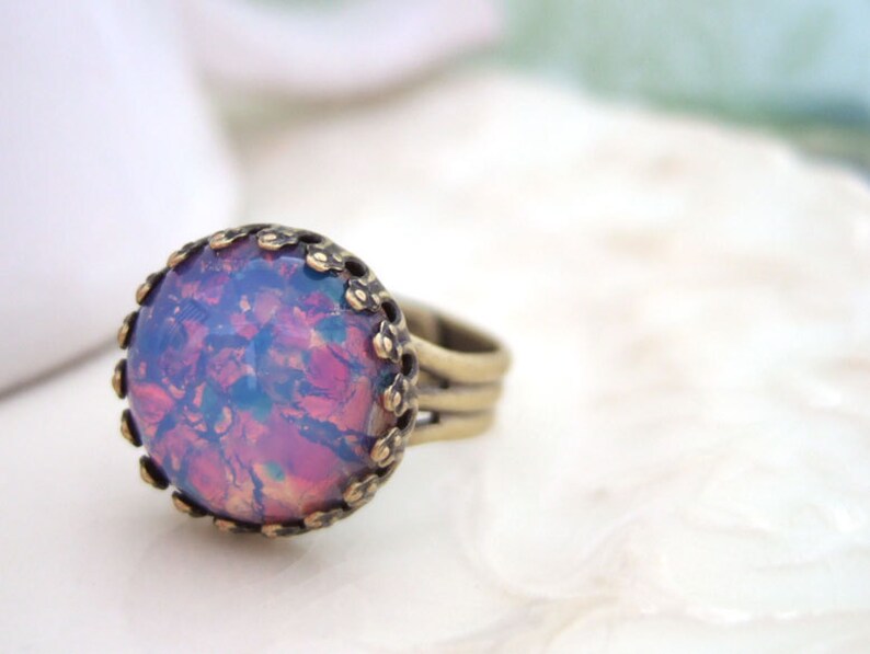 PINK OPAL vintage glass jewel ring in antique brass image 1