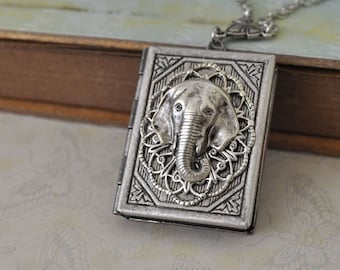 silver locket necklace, book elephant locket, SAFARI, antiqued silver book style elephant locket necklace
