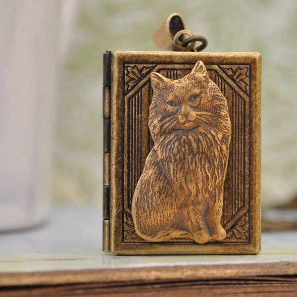 Kitty cat locket necklace antiqued brass book style cat locket with bow cute cat jewelry necklace photo locket gift for women