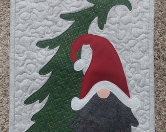 Quilted Buffalo Print Winter Gnome and Whimsical Tree Wall Hanging