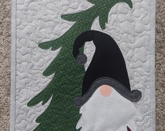 Quilted Buffalo Print Winter Gnome and Whimsical Tree Wall Hanging