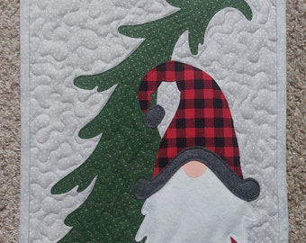 Quilted Buffalo Print Winter Gnome and Whimsical Tree Wall Hanging