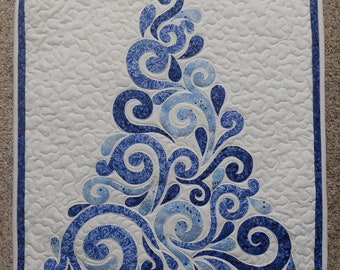 Quilted Blue-Silver Paisley Holly Berry Swirl Christmas Tree Wall Hanging