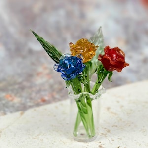 Handcrafted Mini Glass Rose, Rose Art Sculpture, Luxury Desk Decor, Wedding Glass Flower, Valentine&#39;s Day Gift, Birthday Gift, Home Decor