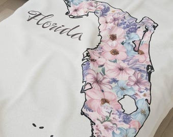 Florida Blanket Floral Map Blanket Cozy Blanket for Florida Lovers Pastel Florida Design Perfect Gift for Housewarming