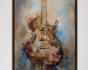 Könnte beinhalten: Abstrakte Malerei einer braunen E-Gitarre vor blauem, rotem und weißem Hintergrund.
