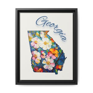 Arte de parede floral da Geórgia, mapa da Geórgia, tela, decoração de parede emoldurada da Geórgia, presente de decoração para casa para amantes da arte, decoração da Geórgia, impressão floral