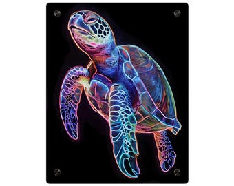 Neon Sea Turtle Wall Art, Vibrant Ocean Animal Decor on Clear Acrylic, Modern Colorful Sea Life Print, Coastal Glow Artwork