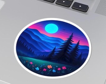 Blue Ridge Mountains Sticker, Moonlit Forest Landscape Vinyl Decal | Aesthetic Nature Mountain Scene Waterproof Laptop Sticker