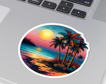Pegatina de playa con atardecer tropical, vinilo retro de palmera y océano, estética surfera, impermeable para portátil.