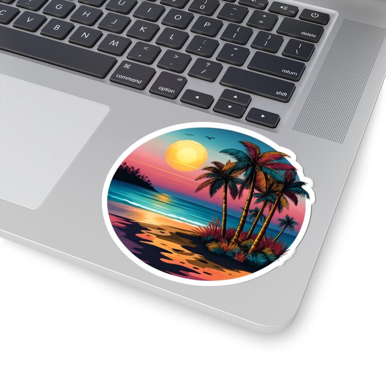 Sticker Sunset Tropical Sunset Beach Sticker, Retro Palm Tree Ocean Vinyl Decal ...